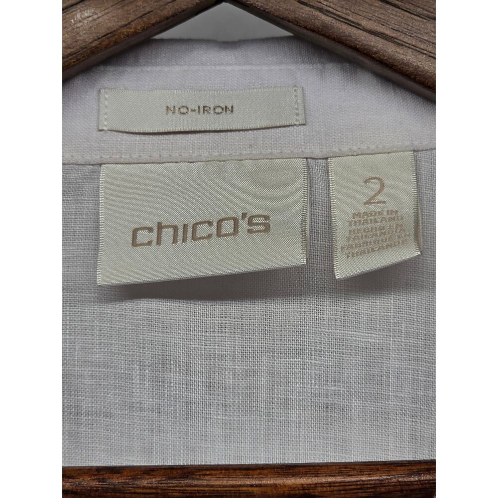 Chico's White 100% Linen Tie Front Button Up Shirt Women's Size 2 No Iron - Picture 4 of 7